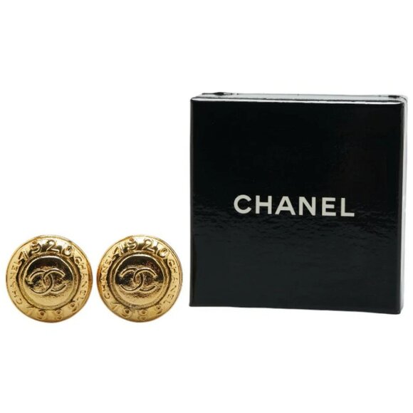 CHANEL CC Logos 1989 1920 Round Clip-On Earrings Gold Tone Auth w/Box #4056 - Picture 6 of 6